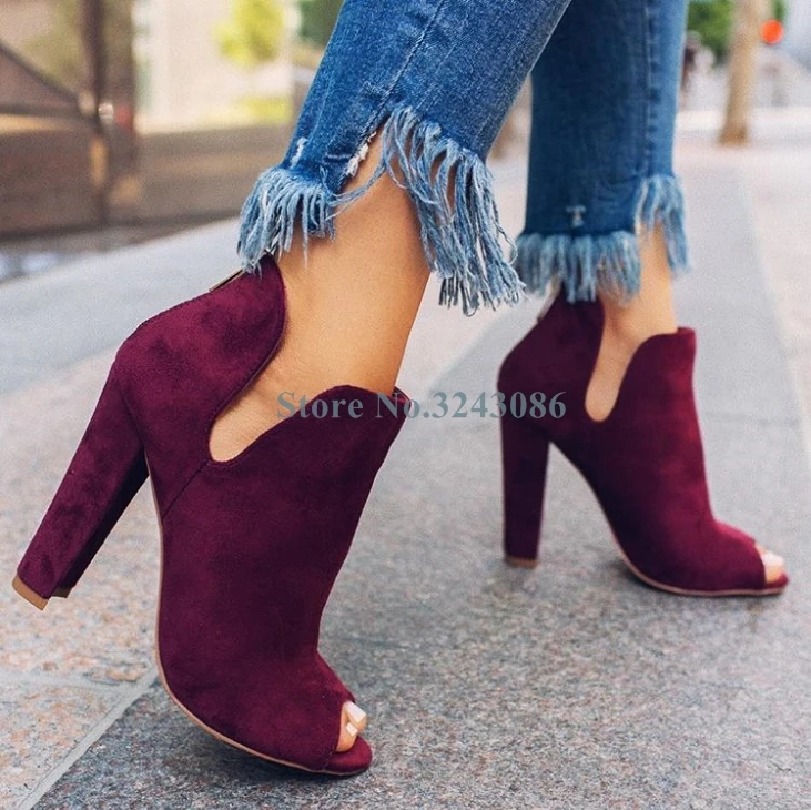 

Casual Peep Toe Chunky High Heel Ankle Boots Dark Red Suede Cut Out Hoof Heels Spring Autumn Shoes Concise Fashion Women Shoes