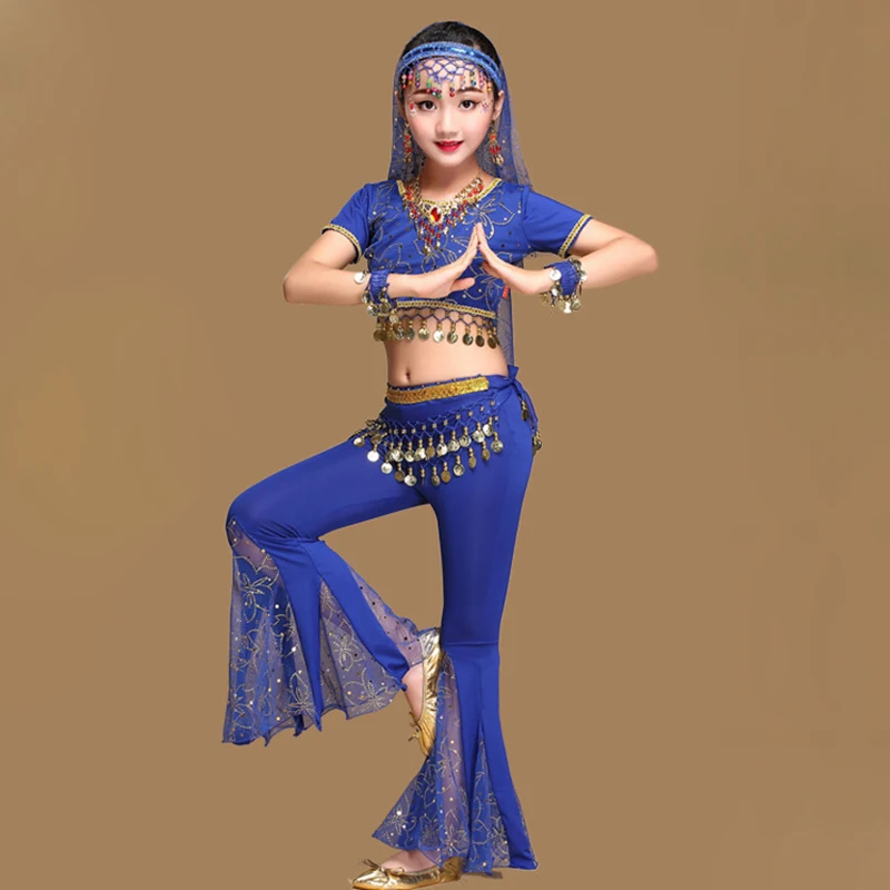 2018 sari dança roupa de crianças estilo indiano roupas de bollywood conjunto de dança do ventre conjunto com 5 peças (top, cinto, calça, véu, argola de cabelo)