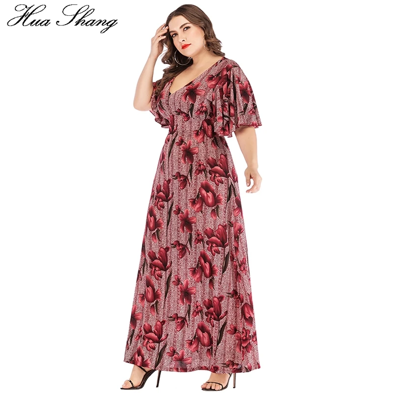 Plus Size Dress Summer 2023 Women V Neck Flare Short Sleeve Floral Print Vintage Dress Elastic High Waist Tunic Beach Dresses