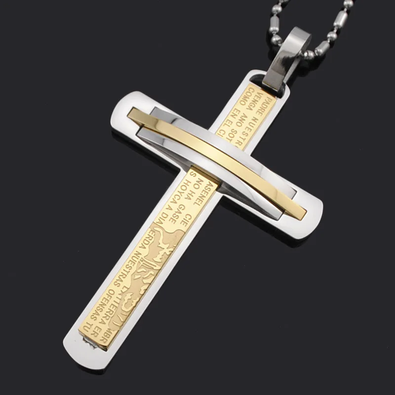 ATGO Mens Crucifix Cross Trendy 316L Stainless Steel Pendant Jesus Scripture Link Chain Necklace Men Jewelry Cross BP696