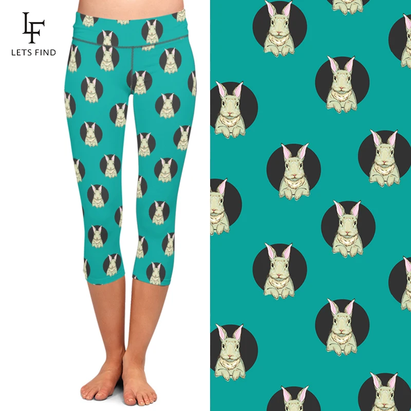 LETSFIND-Leggings Capri de cintura alta para mujer, pantalones con estampado de conejo de dibujos animados en 3D, elásticos, de media pantorrilla, informales, de verano, 3/4