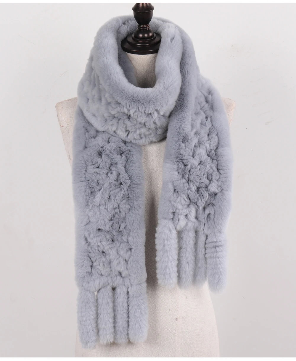 Neue Damen-Schals aus 100% natürlichem Rex-Kaninchenfell, langer Stil, gestrickte Rex-Kaninchenfell-Quastenschals, warme Echtfell-Schals für den Winter. – Detail 14