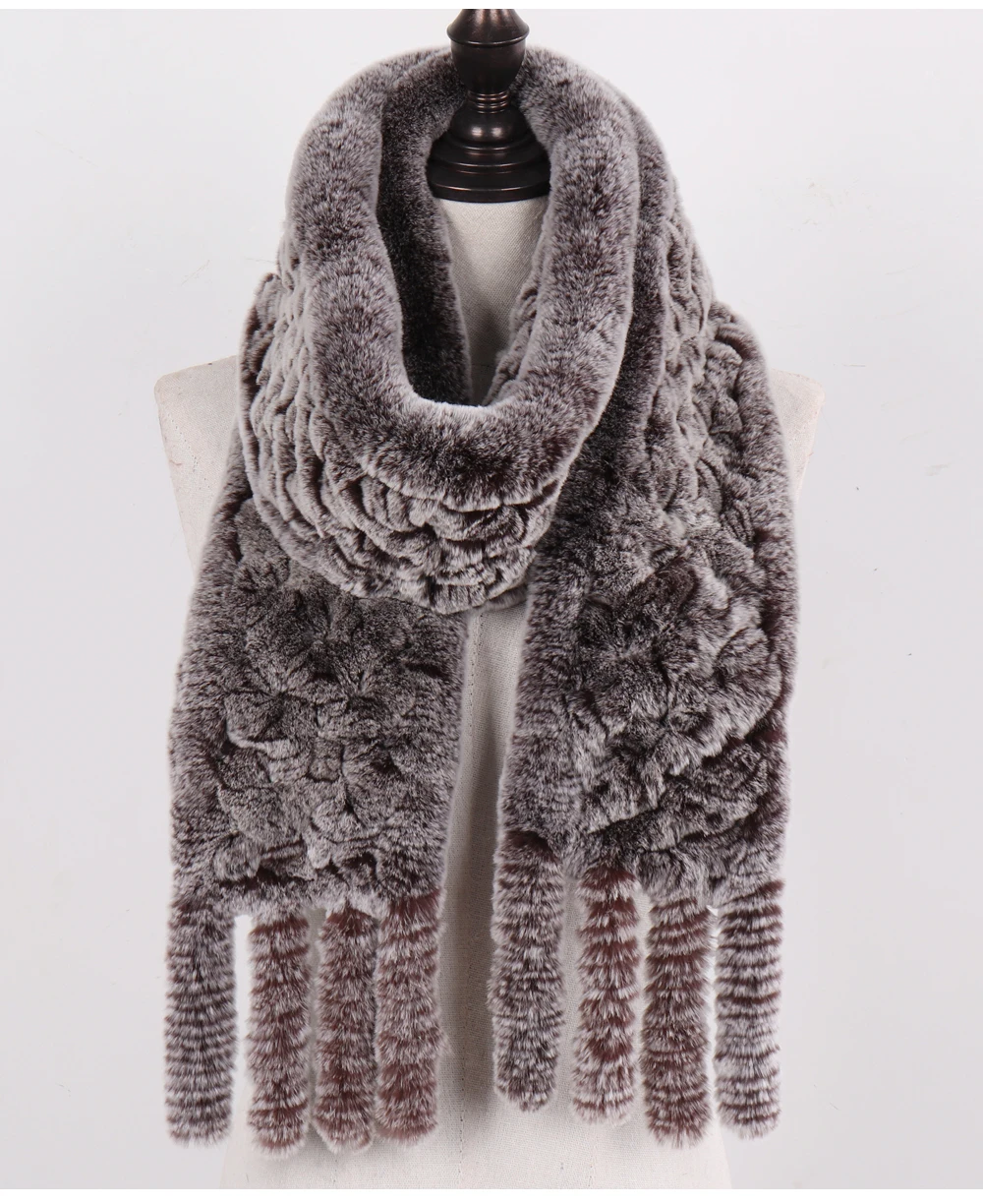 Neue Damen-Schals aus 100% natürlichem Rex-Kaninchenfell, langer Stil, gestrickte Rex-Kaninchenfell-Quastenschals, warme Echtfell-Schals für den Winter. – Detail 21