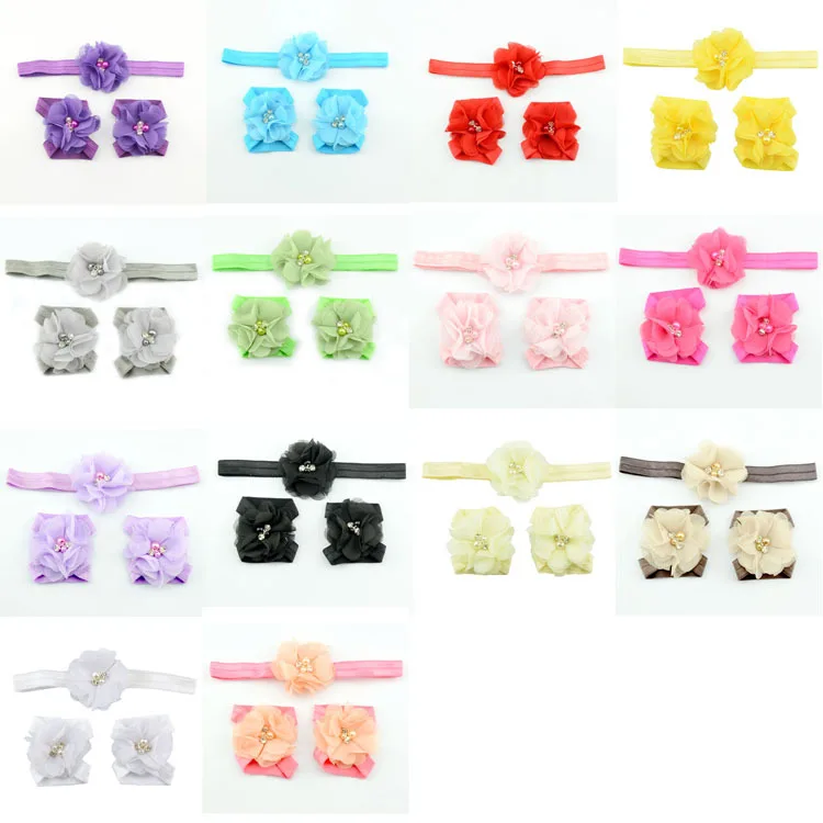 baby headband infant rhinestone flowers baby barefoot sandals headband set shoes Photography Props children hair Accessories