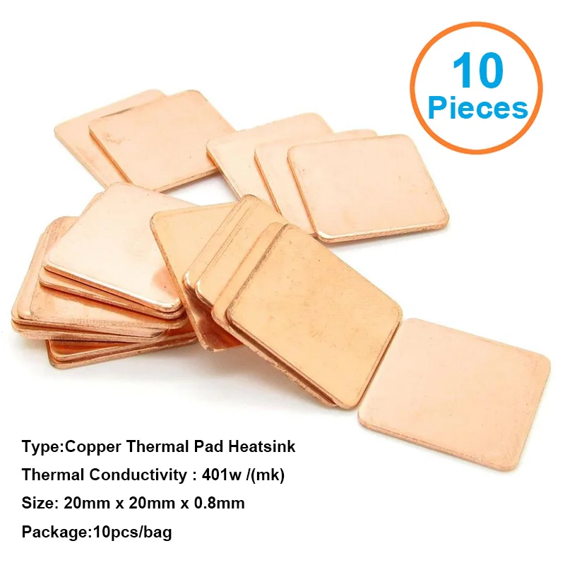 10pcs/lot 20x20x0.8mm DIY Copper Shim Heatsink thermal Pad Cooling for XBOX360 PS2 3 4 BGA CPU VGA Chip RAM IC Cooler Heat sink