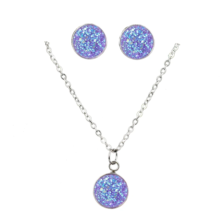 Fashion Drusy Round Pendant Necklace Earrings Jewelry Sets  for Women Anti allergy Bling Stud Earrings Sets Women Party Necklace