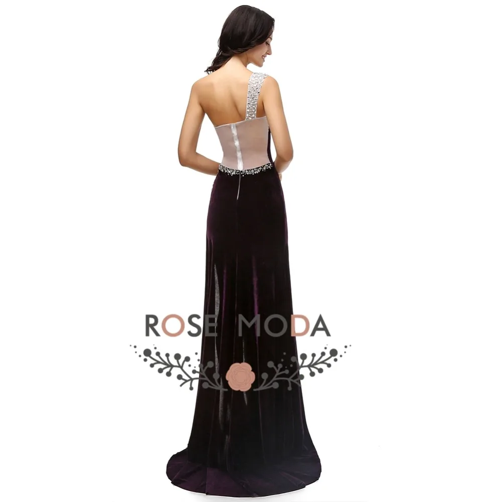 Rosa moda sexy um ombro cristal frisado alta fenda preto veludo vestido de noite até o chão fotos reais