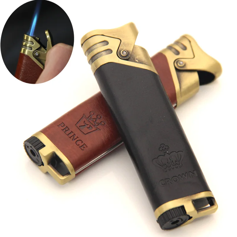 Retro Leather cigar lighter Butane Gas Straight flame Lighters Refillable Windproof Cigarette Lighter Torch tobacco Fire