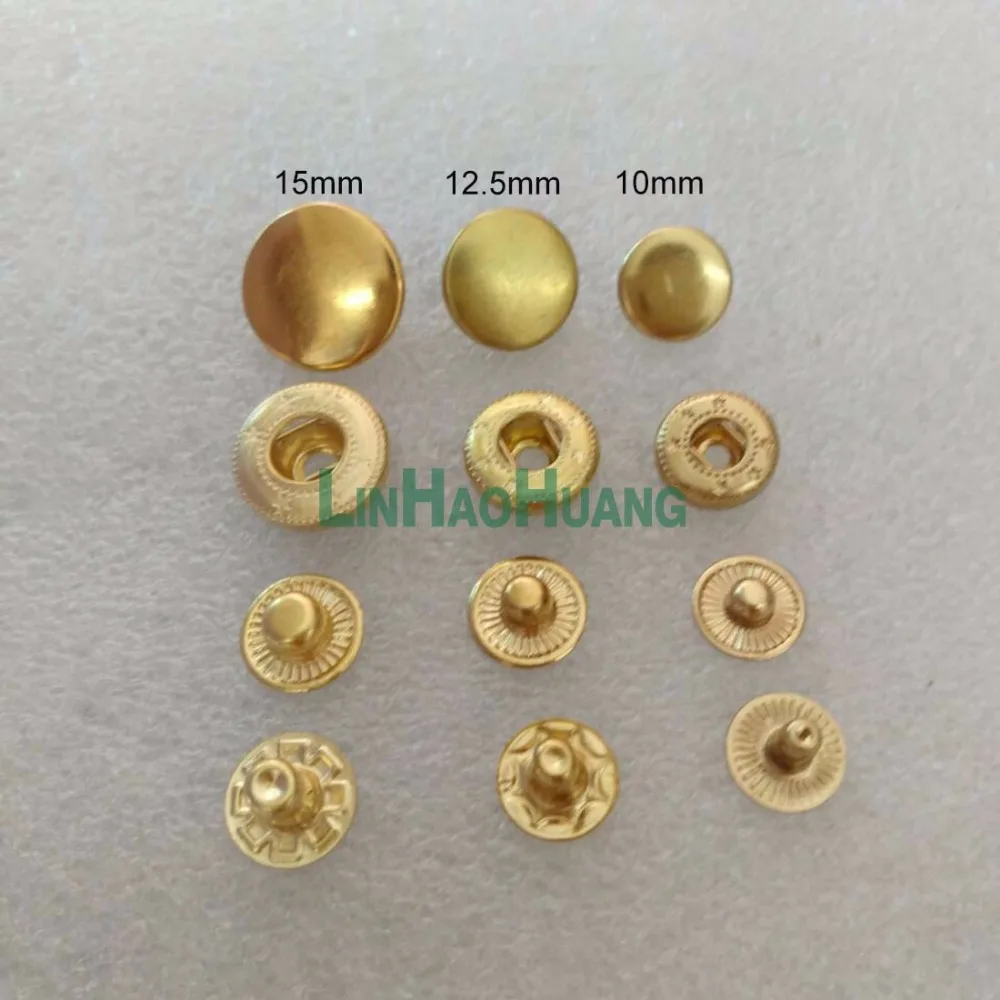 Wholesale 100sets/lot 10mm 12.5mm 15mm four part brass metal button spring snap button snap fasteners light gold 2017101802