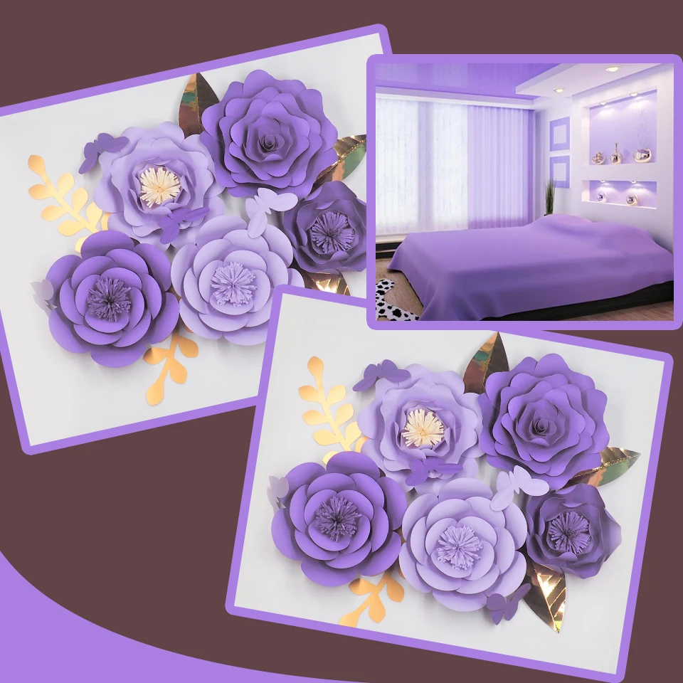 Purple DIY Giant Paper Flowers Backdrop 5pcs Leaves 5pcs Butterflies 5pcs Baby Nursery Deco Large Flower Set Mix Sizes Home Deco