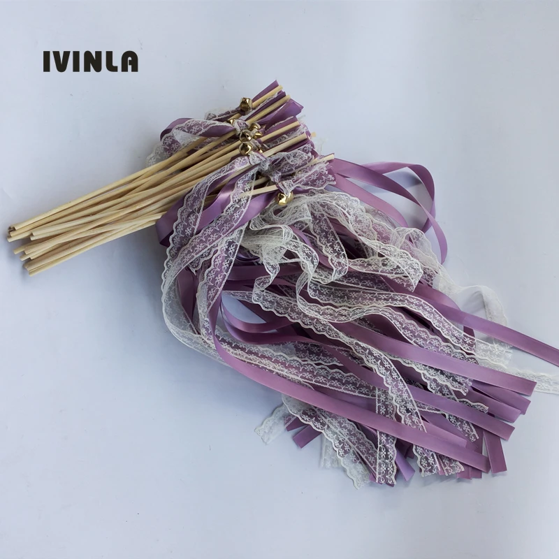 50Pcs/Lot Purple lace wedding wands with gold bell for wedding decoration