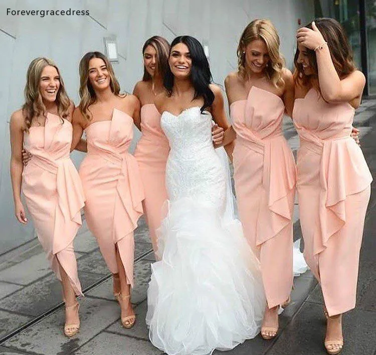 Cheap Pink Tea Length Bridesmaid Dress Strapless Summer Country Garden Formal Wedding Party Guest Maid of Honor Gown Plus Size