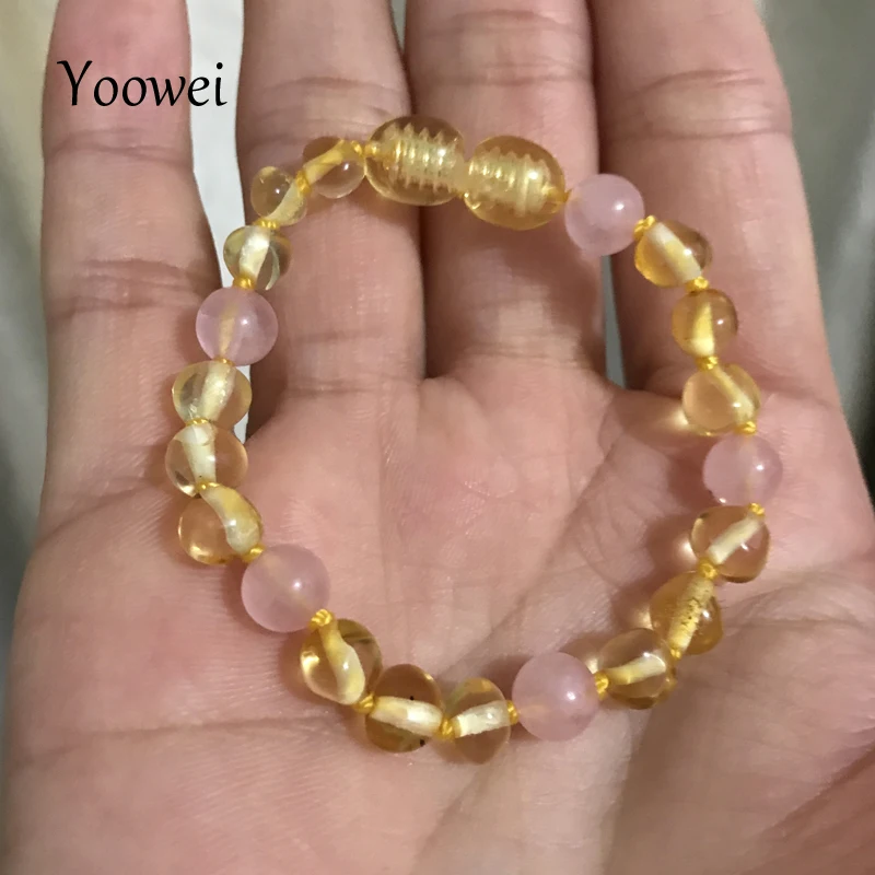 

Yoowei Baby Amber Bracelet Teething Necklace with Natural Rose Quartz Gemstone Knotted Baltic Amber Jewelry Gifts for Kids Women