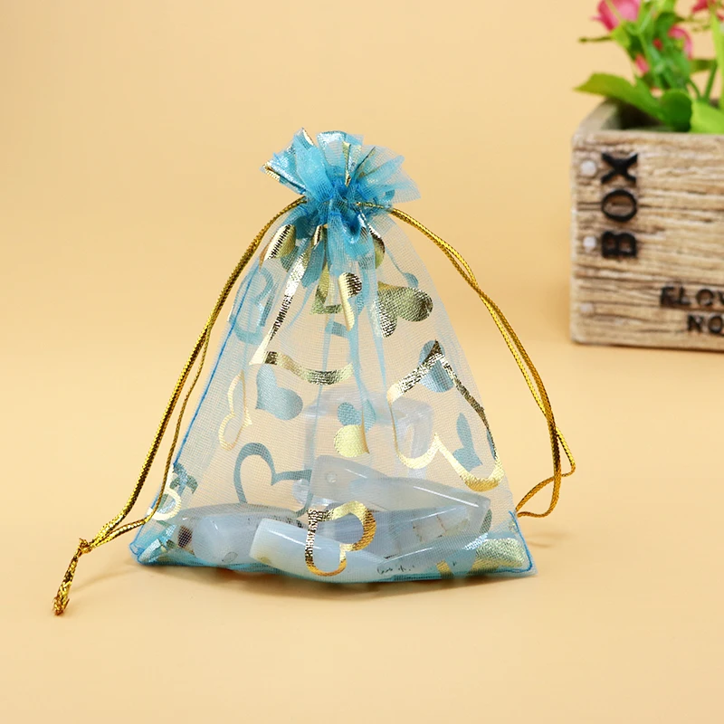 

Wholesale 100pcs/lot Lake Blue Organza Bag 7x9cm Gold Heart Print Wedding Jewelry Packaging Pouches,Nice Gift Bags