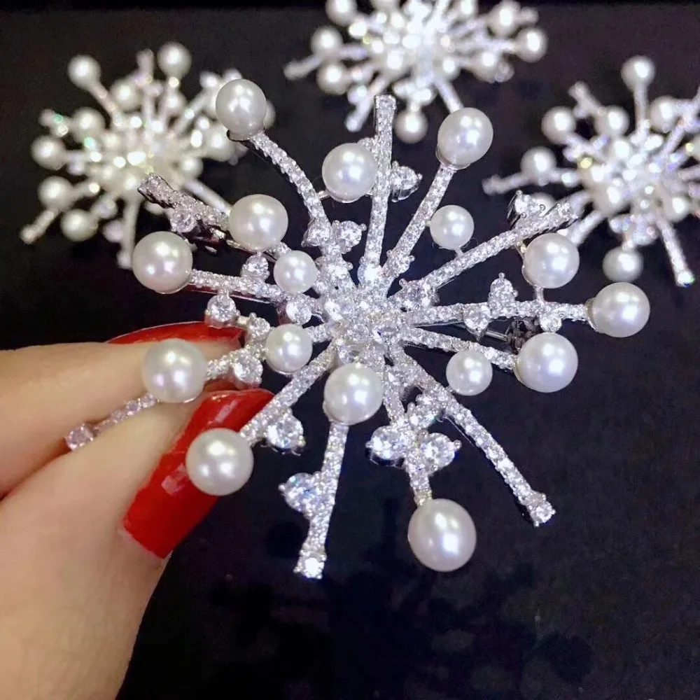 natural fresh water pearl brooch  fireworks 925 sterling silver with cubic zircon fine women jewelry for coat  54MM