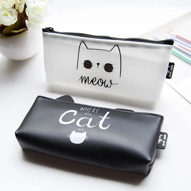 kawaii cat Pencil Bag leather black white Pencils Bags lovely animal meow Pencil Bags pet cat lover pencil bag