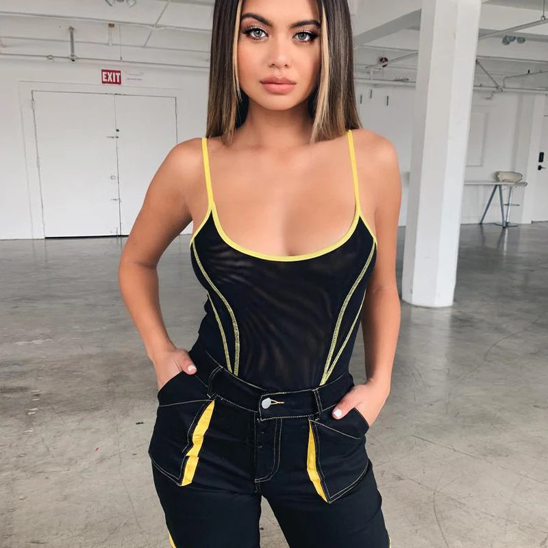 2019 Striped Mesh Sexy Bodysuit Women Sleeveless Spaghetti Strap Skinny Summer Romper Women Backless Beachwear Women Jumpsuit