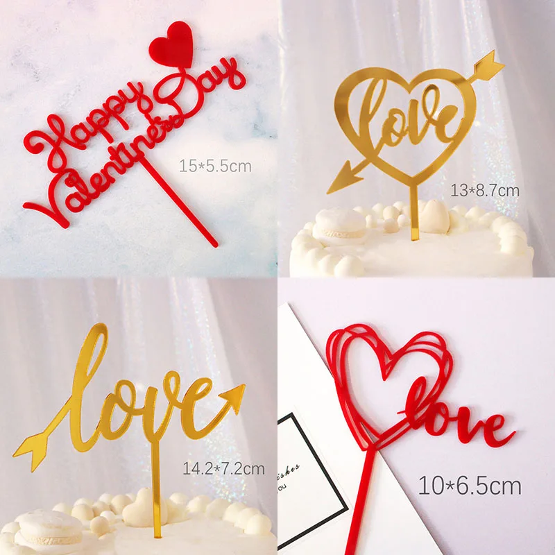 2022 New Wedding Acrylic Cake Topper Love Heart Gold Cupcake Topper for Happy Valentine's Day Anniversary Party Cake Decorations