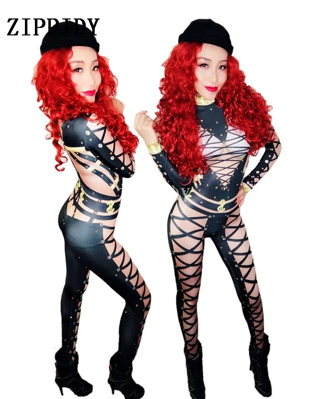 Costume de chanteur et de danseuse pour femmes, combinaison imprimée à bandes, extensible, Sexy, à la mode, noir, rouge