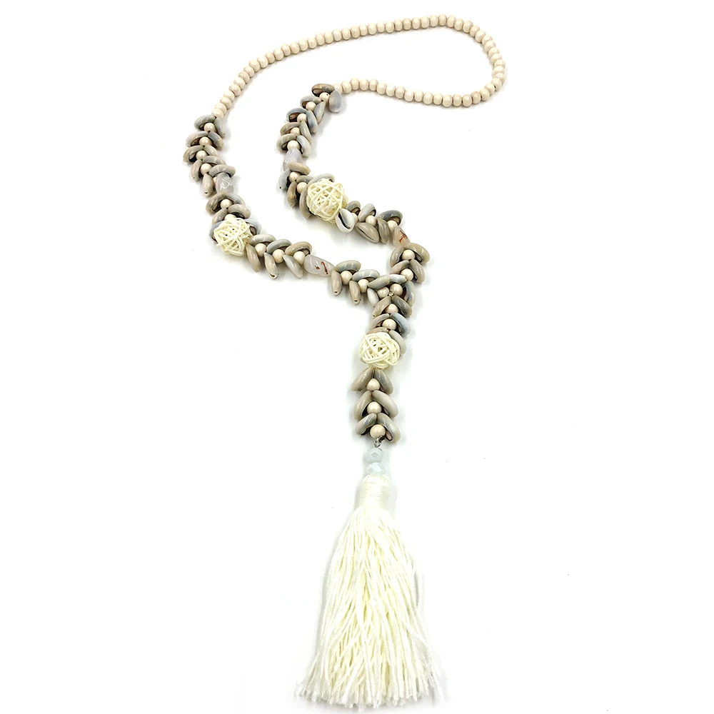 New Handmade Cowrie Shell Beaded Chain Necklace Bohemia Boho hollow Pompoms Long Fringe Tassel Pendant Necklace For Women Summer