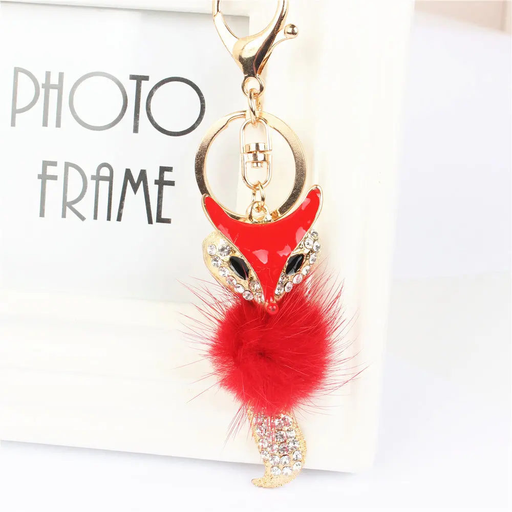 Red Fox Feather Pendant Charm Rhinestone Crystal Keyring Key Chain for Handbag Purse Carkey Wedding Girl Gift