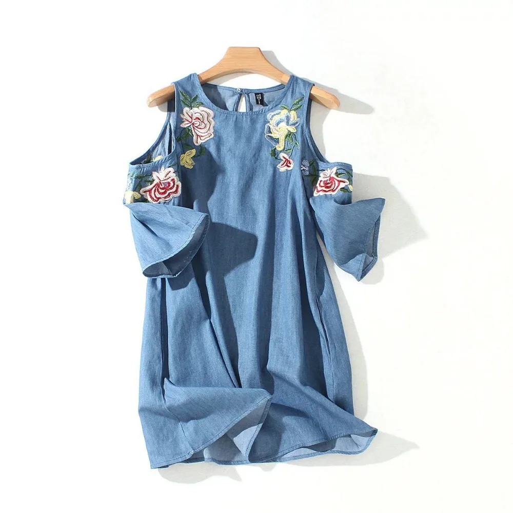 

Brand Flora Embroidery Vintage Summer Denim Dresses Women 2019 Casual Off Shoulder Sequins Boho Jean Dress Female Vestidos 1668