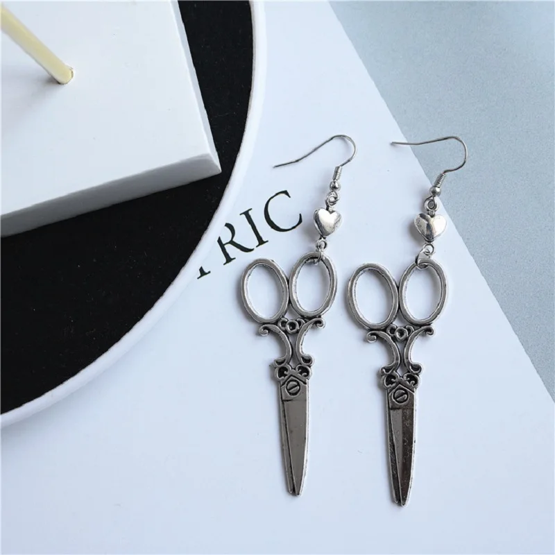 Vintage Silver-color Creative Interesting Earrings For Women Spoon Fork Triangle Ruler Scissors Pendant Earrings Charm Jewelry