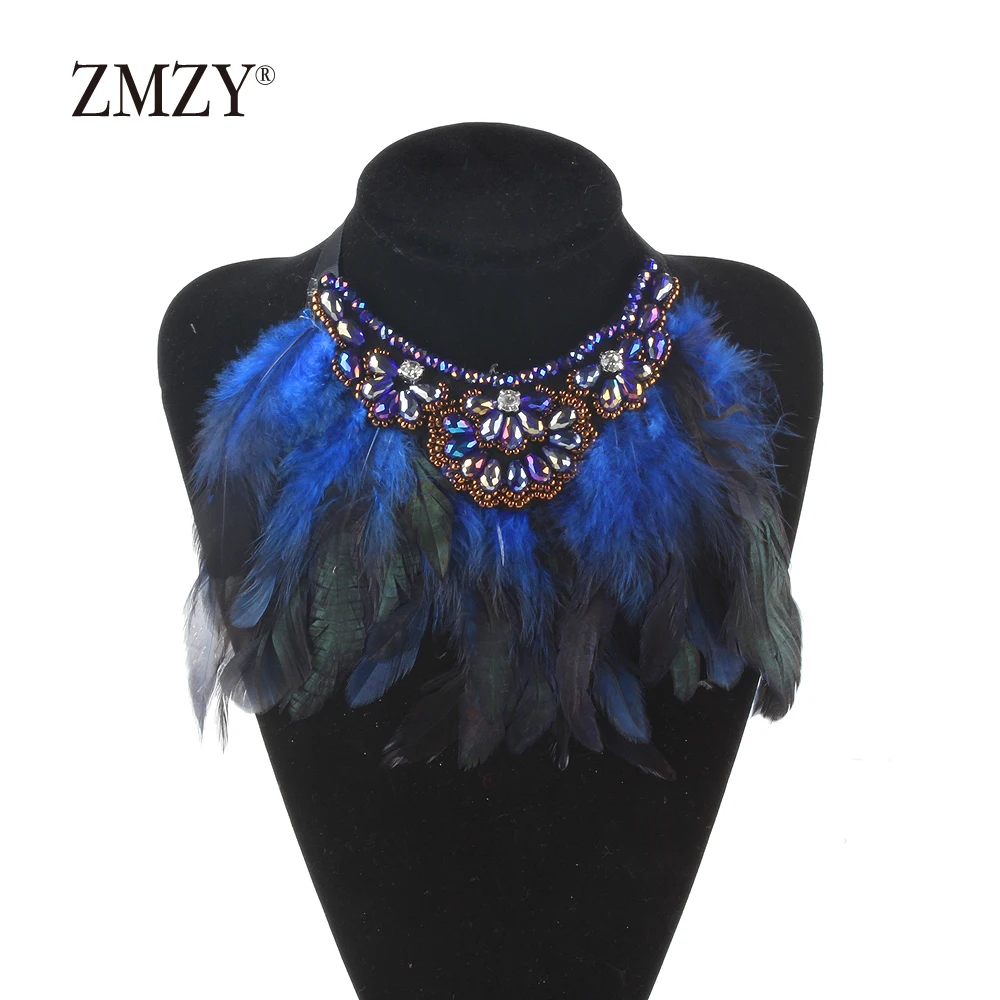 ZMZY Feather Hand-made Red Choker Necklace Women Hot Collar Neck Maxi Collier Trendy Glass Statement Jewelry