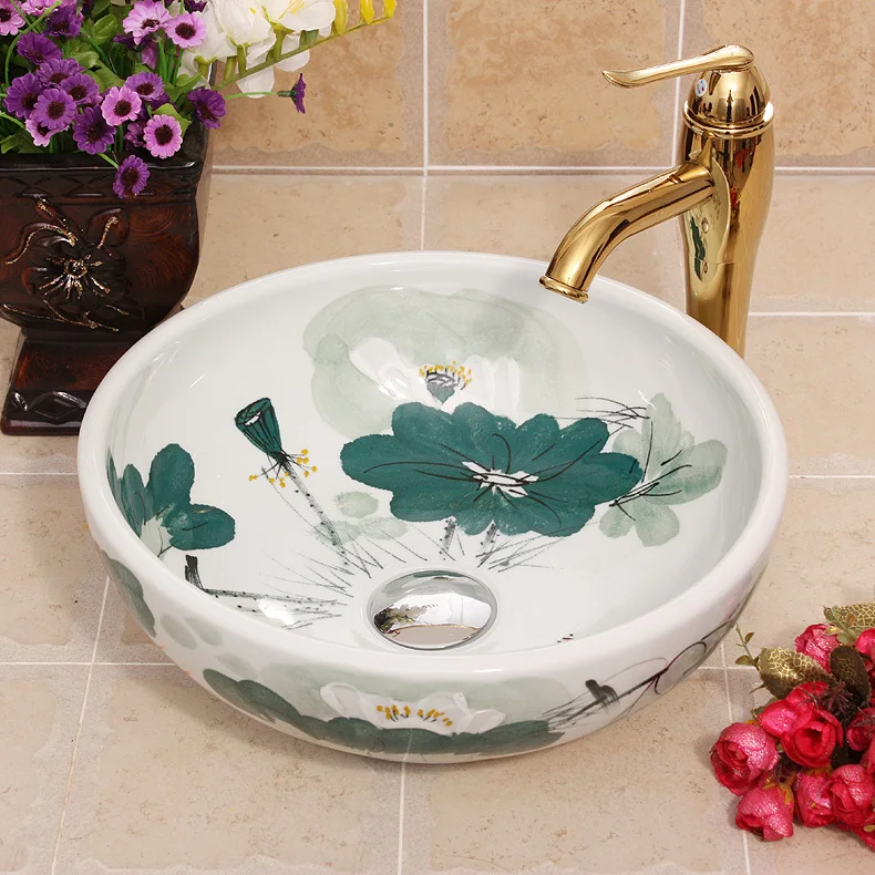 

Ceramic Painting Clear lotus China Painting wash basin Bathroom vessel sinks counter top artistic basin