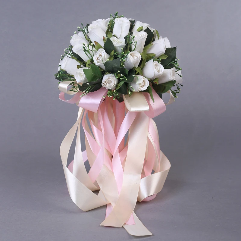 Bouquet de roses artificielles faites à la main, 36 pièces, fausses perles, en dentelle, avec ruban, 2018