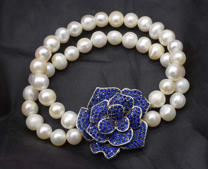 

2rows freshwater pearl white near round 8-9mm &blue flower zircon clasp bracelet 8inch wholesale beads nature handcraft