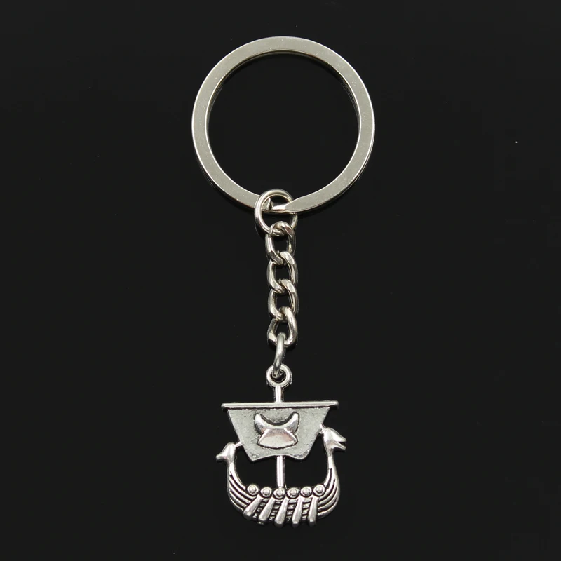 Fashion 30mm Key Ring Metal Key Chain Keychain Jewelry Antique Silver Color Plated Viking Ship Boat 26x21mm Pendant