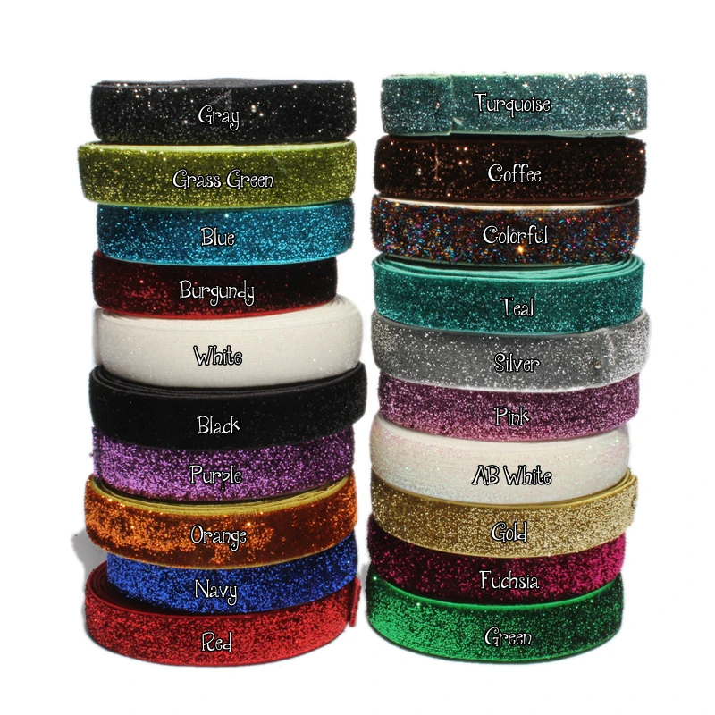 5yards 5/8\'\' 1.5CM Wide Glitter Elatic Fold Over Elastic For Headbands Apparel Wedding Party Ribbon Stretch FOE Sewing Cloth