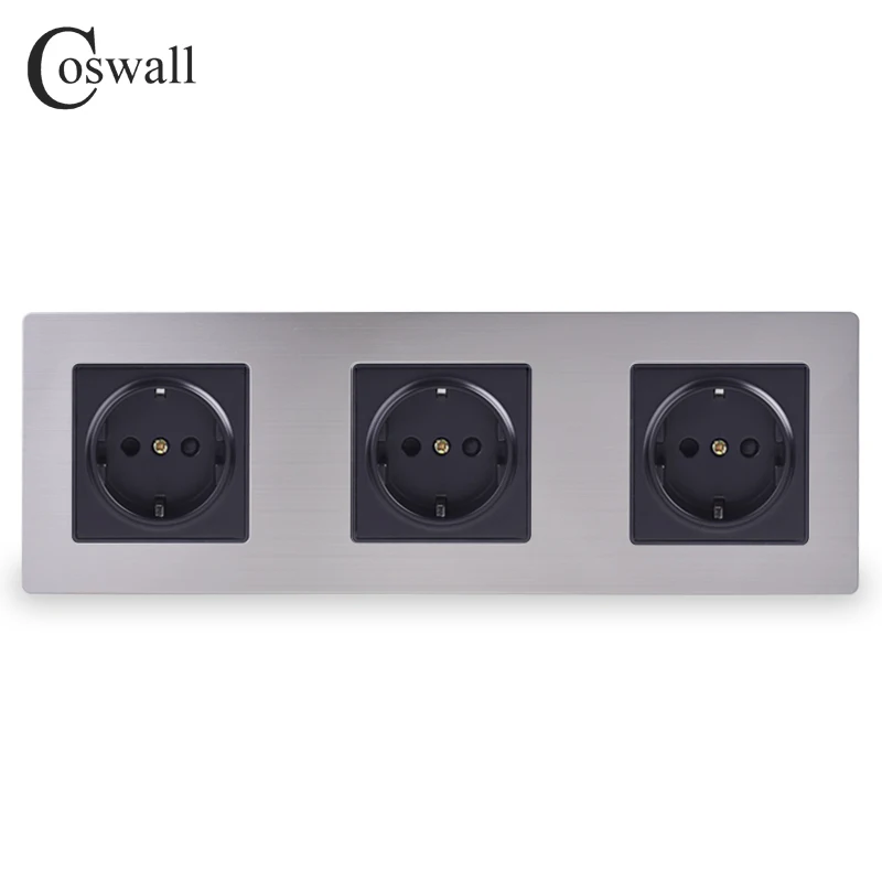 COSWALL Stainless Steel Panel Triple Wall Socket 16A EU Russia Spain Electrical Outlet Silver Black Color Child Protective Door