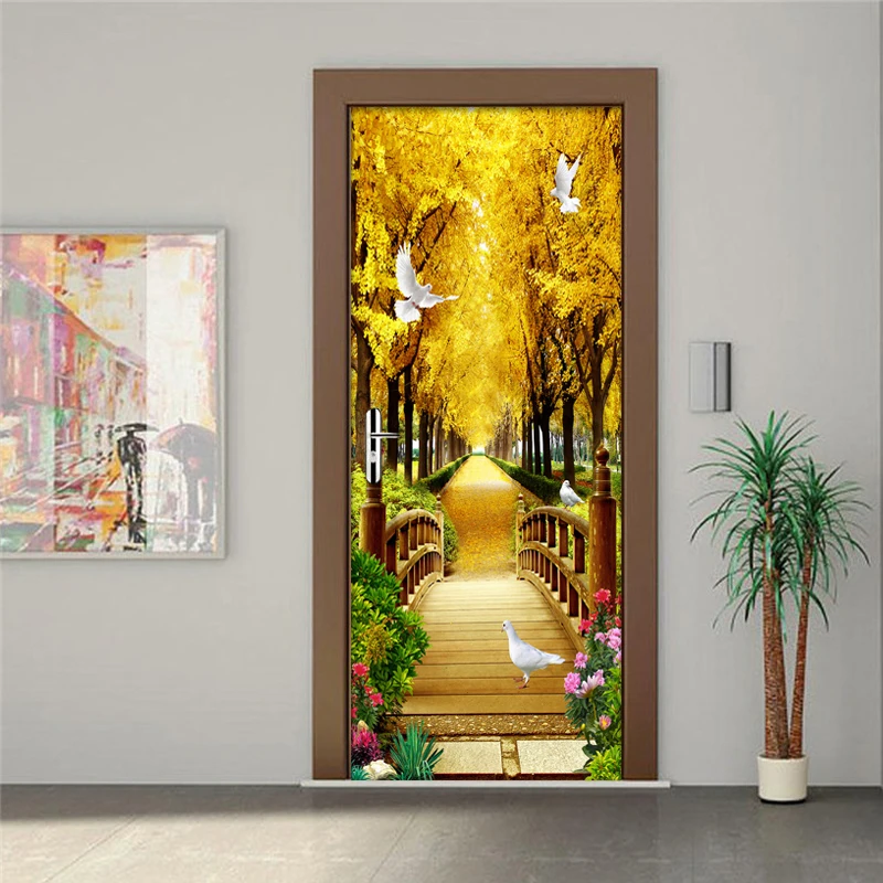 Foto Tapete 3D Goldene Wald Natur Landschaft Wandmalereien PVC Selbst-Adhesive Wand Aufkleber Wohnzimmer Wasserdichte 3D Tür Aufkleber