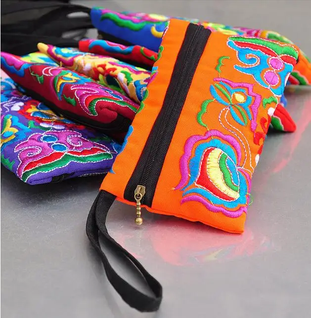 5 pieces National Fashion Ethnic Embroidery Wallet Long Purse Handmade Flowers Double Side Embroidered Clutch Bags