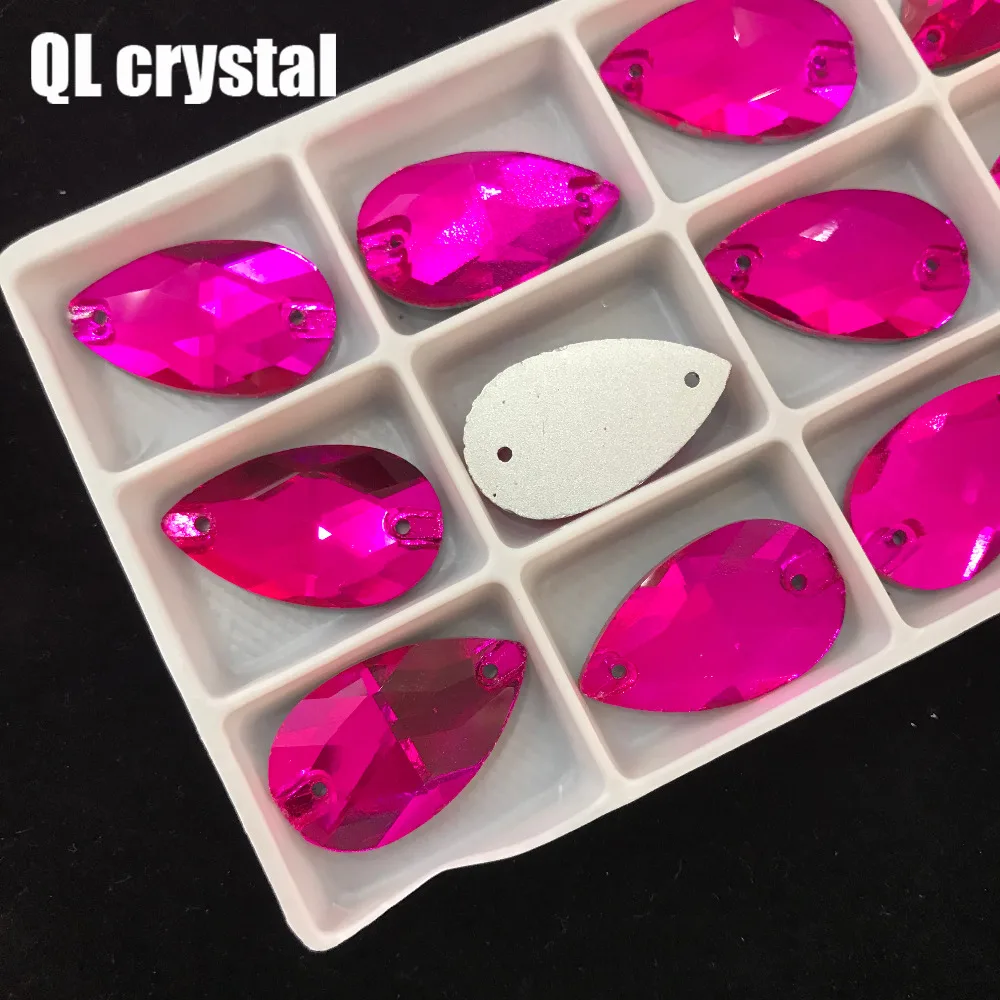 QL Crystal 2018 popular Rose red Drops Sew On Crystals for Craft Sewing On Rhinestone 2 Holes DIY Garment Dress Making