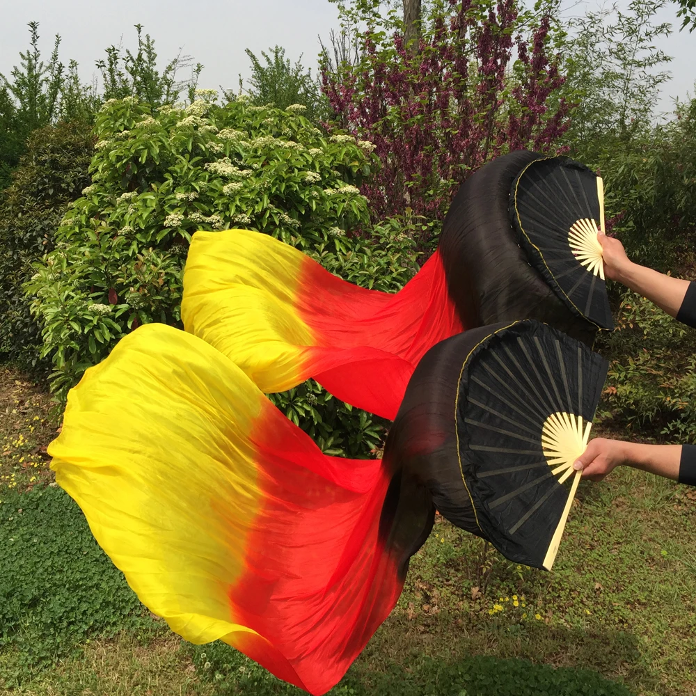 New Arrival 1pair(Left+Right) 180cm Belly Dance Chinese Real Silk Fan Veils Black+Red+Yellow fire color