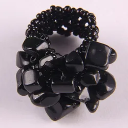 Elastic Black Obsidian Bead Finger Ring Stretch Size 8-9 Jewelry For Woman Gift X014