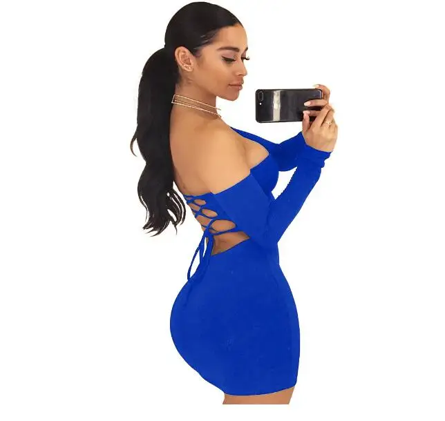 Sexy Strapless Bandage Dress Long Sleeve Off Shoulder Lace Up Mini Dress Bodycon Backless Summer Night Club Party Dresses