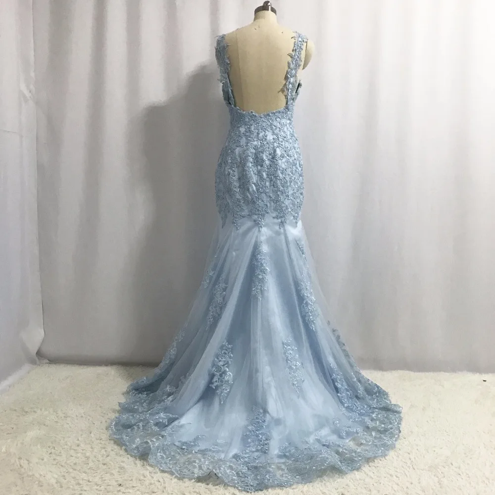 Robe de soirée sirène dos nu perlée, bleu, appliques chérie, robe de créateur éducative