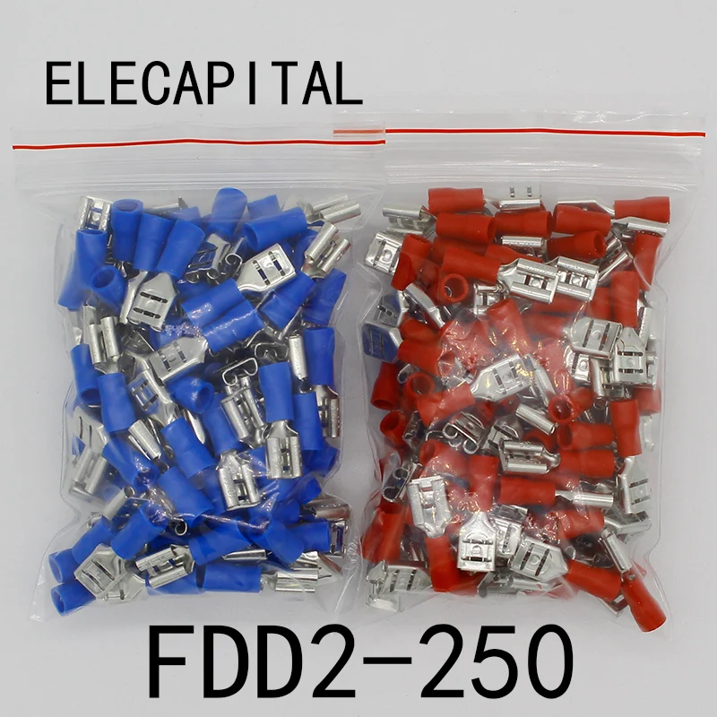 FDD2-250 Female Insulated Electrical Crimp Terminal for 1.5-2.5mm2 Connectors Cable Wire Connector 100PCS/Pack FDD2.5-250 FDD