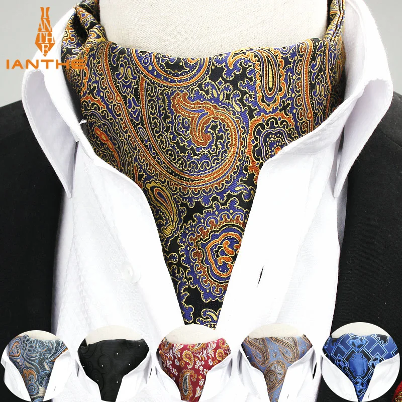 

Men Vintage Paisley Geometric Wedding Formal Cravat Ascot Scrunch Self British style Gentleman Polyester Silk Neck Tie Luxury