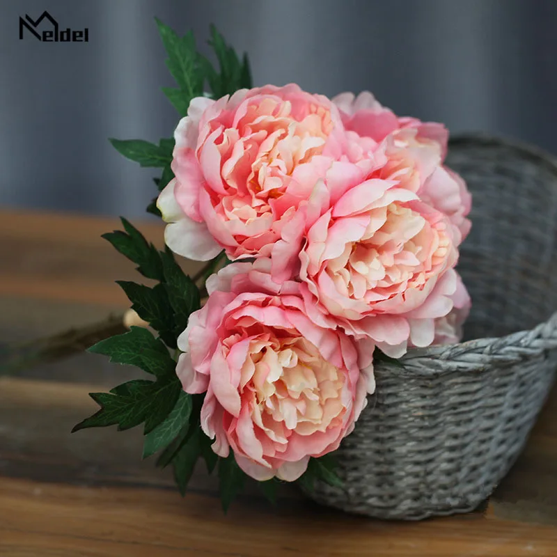 Meldel เจ้าสาวงานแต่งงานช่อดอกไม้ประดิษฐ์ Peony Posy Red DIY Bouquet ตกแต่งบ้านสำนักงาน Nosegay ดอกไม้