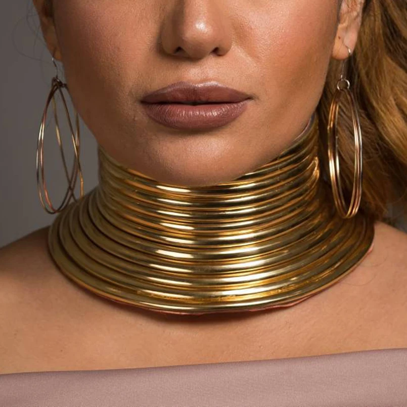 MANILAI Vintage Statement Choker Necklace Women Gold Color Leather Collar Maxi Necklace African Jewelry Adjustable Chokers Big