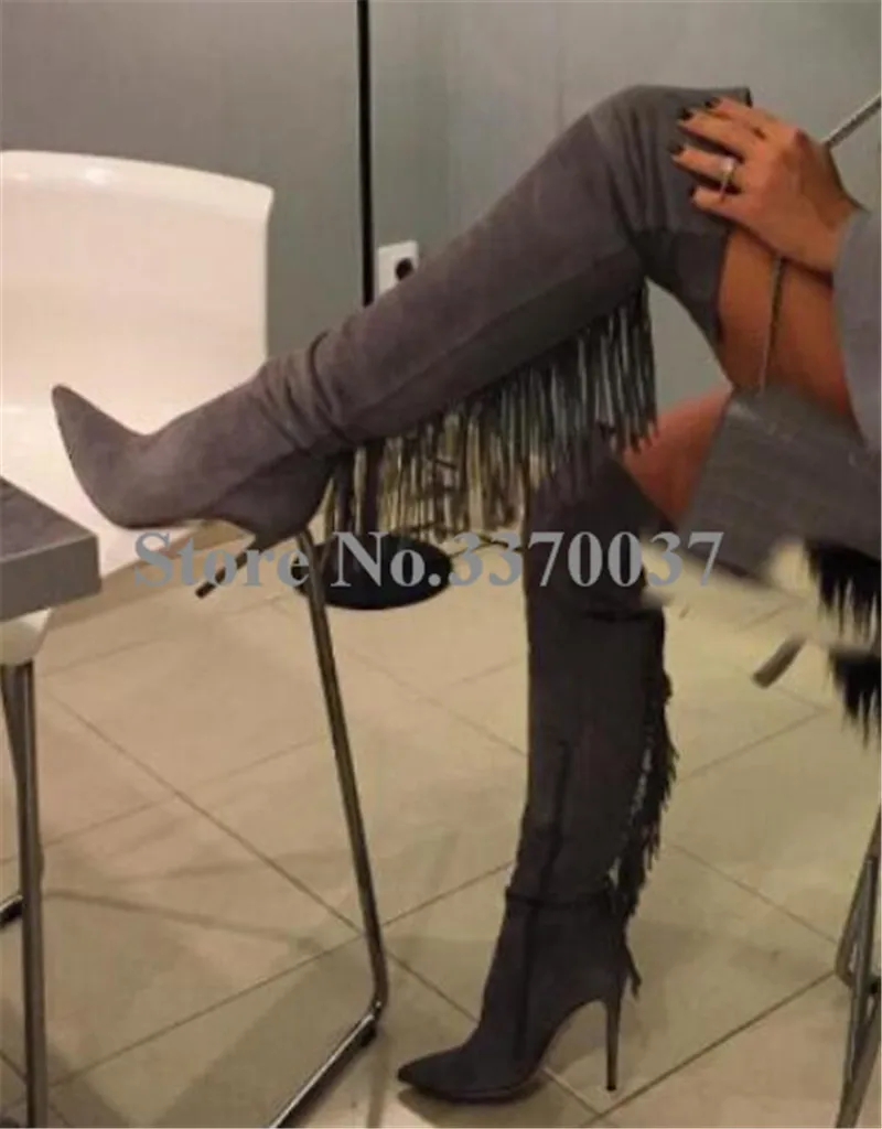 

Women Charming Grey Suede Leather Over Knee Tassels Gladiator Boots Pointed Toe Fringes Slim Long Boots Dress Shoes