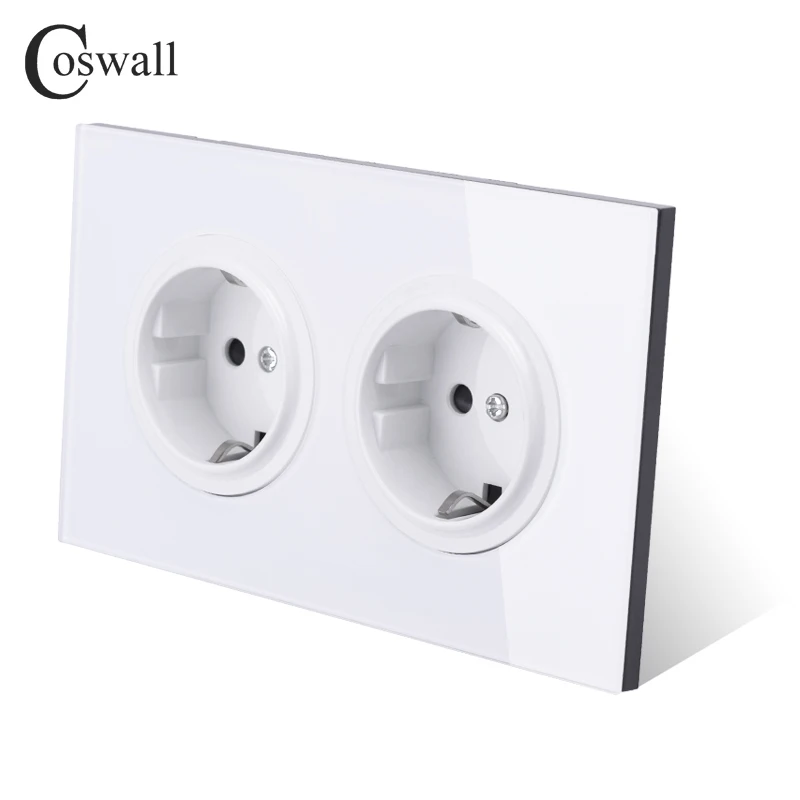 Coswall Crystal Tempered Pure Glass Panel 16A Double EU Standard Wall Power Socket Grounded With Child Protective Lock 146 Type