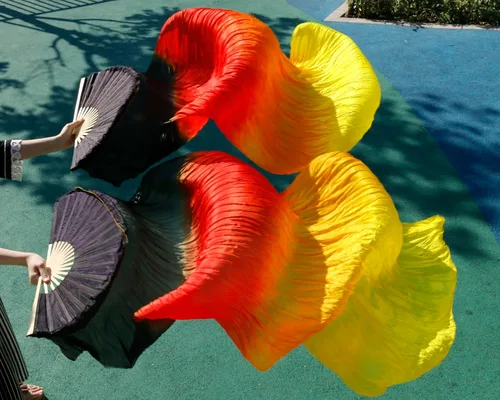 Imagen 1 del producto 1 par de abanicos de danza del vientre de seda Natural teñida a mano, de alta calidad, color negro, rojo, naranja y amarillo, 2018