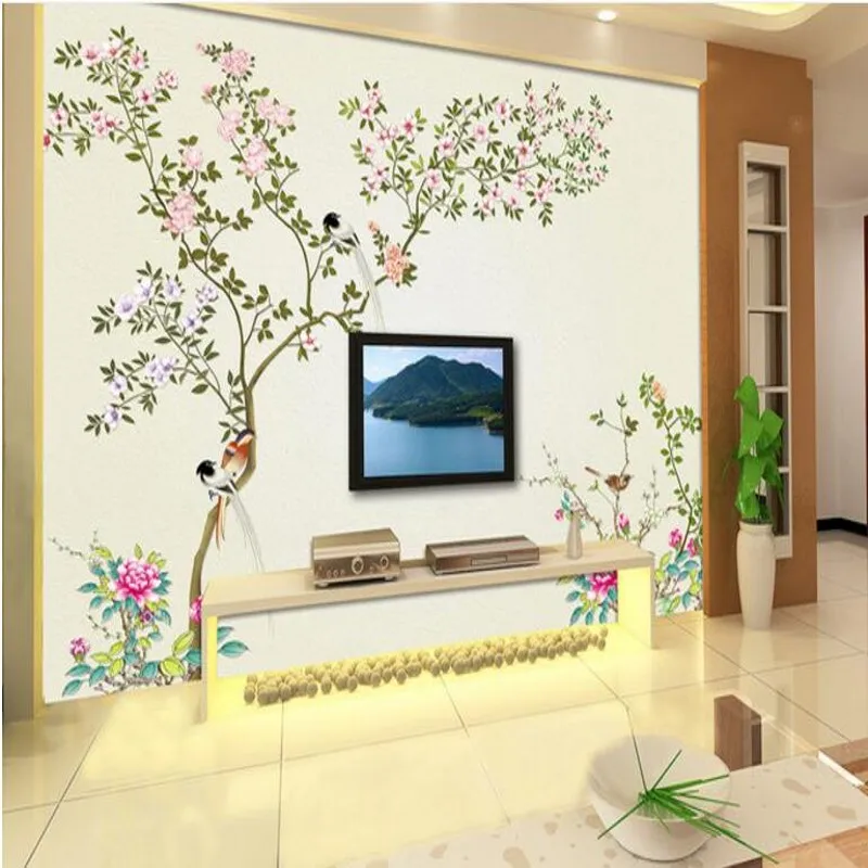 

wellyu Custom large - scale murals high - definition hand - painted flowers and birds TV background wall wallpaper