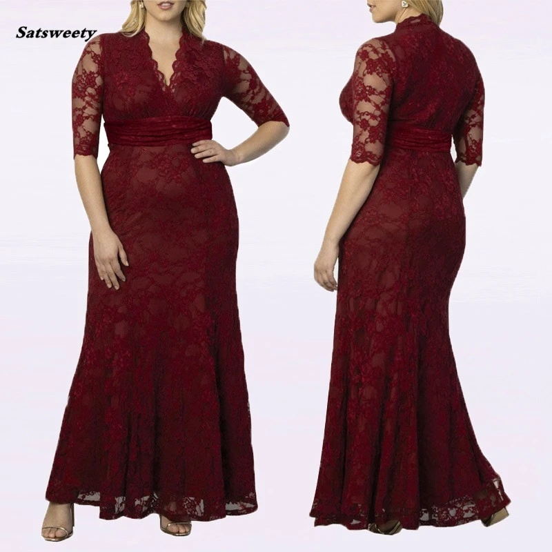 Burgundy Gaun Ibu Pengantin Ukuran Plus Elegan A Line V Leher Setengah Lengan Renda Gaun Pesta Pernikahan Robe De Soiree